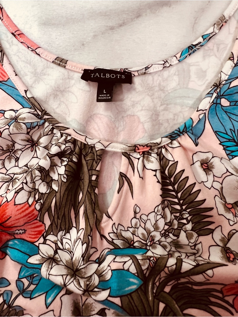 Talbots Pink Hawaiian Floral Keyhole Maxi Dress with Teal Accents, size Large - Picture 6 of 7